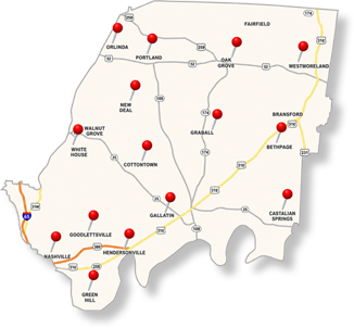 Map of Copper Creek Electric's service area across Middle Tennessee, including Goodlettsville, White House, Hendersonville, Gallatin and surrounding communities