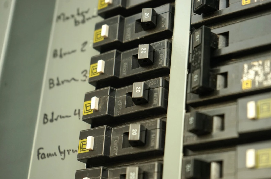 Close-up of a labeled residential circuit breaker panel