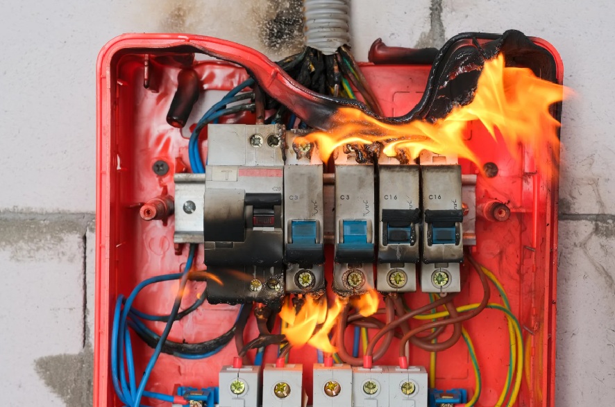 Electrical panel with wiring on fire - hazard illustration