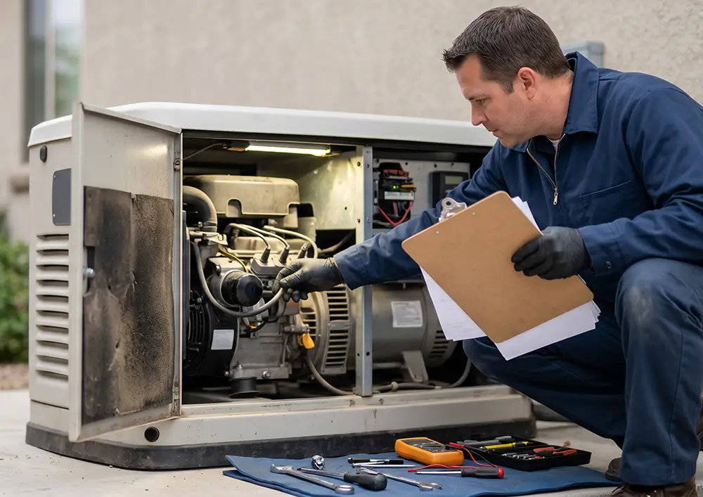 Technician inspecting a standby generator engine during maintenance